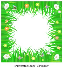 spring frame of green grass and flowers ,  with white copy space