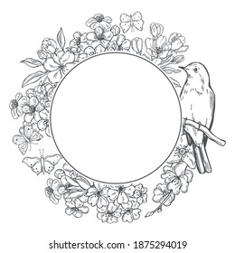Spring frame  with  hand drawn butterflies and bird.Vector sketch  illustration.