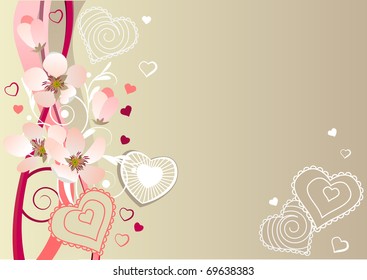 Spring frame with hearts, branches and abstract elements