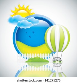 Spring frame with hot air balloon and sun