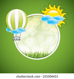 Spring frame with hot air balloon and sun.Vector