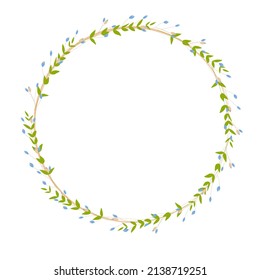 Spring frame made of small blue wildflowers. Easter circle template. Gently green shoots of leaves. Vector stock illustration of a summer wreath. Isolated on a white background.