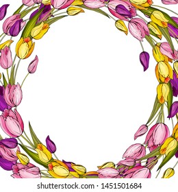 Spring frame with multicolored flowers tulips. Background for your design, greeting cards, save the dates. Floral vector.