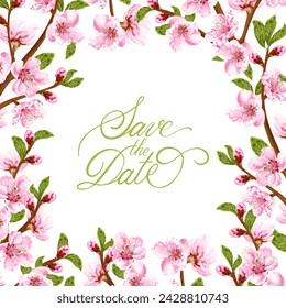 Marco de primavera con flor de melocotón. Flores rosas. Invitación de boda, banner, tarjeta de felicitación. Ilustración vectorial de stock sobre fondo blanco.