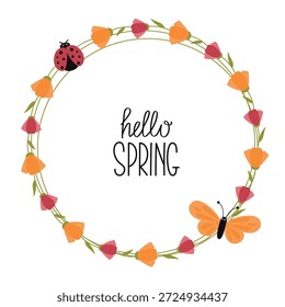 Marco de primavera con flores rojas y naranjas, mariquita y mariposa. Elemento decorativo para el diseño, tarjeta de felicitación, invitación, venta, Anuncio.