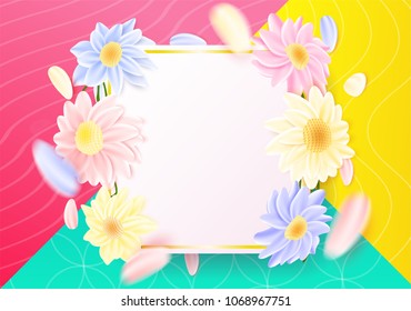Spring frame sale banner isolated on colorful background. Modern style template without inscription with petals. Shiny holiday design can be used on banners, flyers, web. Vector illustration.