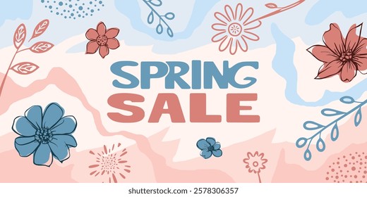 Spring frame with spring sale caption, flowers and leaves, vector design