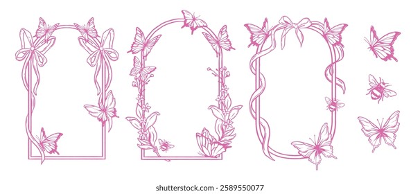 Spring frame set, vector hand drawn line butterfly border wedding doodle collection, floral graphic. Pink aesthetic romantic invitation print, elegant ribbon bow arch. Spring frame greeting design