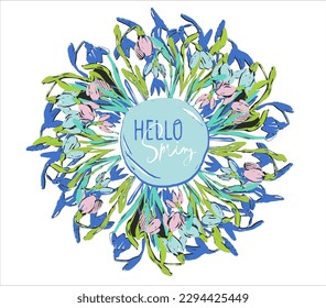 Marco de primavera con gotas de nieve y primavera de saludo de inscripción. Flores de primavera pintadas en colores verde-azul. Ilustración vectorial en un fondo azul. Borde de flores aislado.