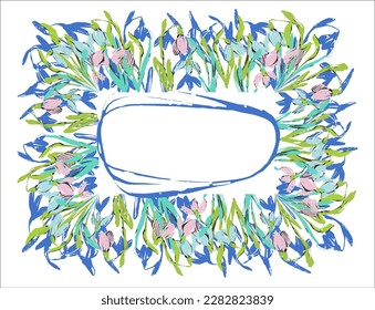 Spring frame with snowdrops and place for text. Spring flowers painted in green-blue colors. Vector illustration on a blue background. Isolated flower border.
