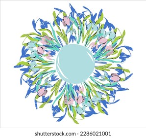 Spring frame with snowdrops and place for text. Spring flowers painted in green-blue colors. Vector illustration on a blue background. Isolated flower border.