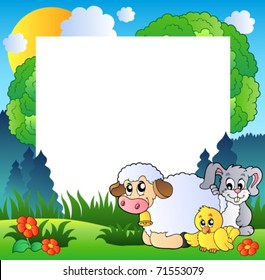 Spring frame with various animals - vector illustration.