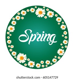Spring frame with white chamomile flowers on green background with lettering