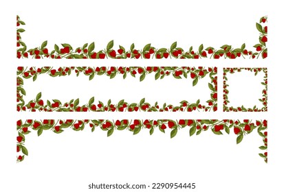 Spring frames with raspberries and leaves. Summer vector borders of isolated white background cartoon style.