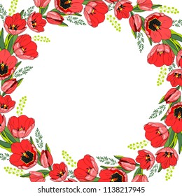 Spring frame-wreath with red tulips and meadow herbs, flowers isolated on a white background. For holiday card design, Valentines, wedding invitations, posters. Vector illustration