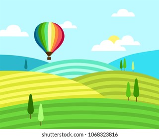 Spring fresh landscape with flying hot air balloon. For people who like to travel or love nature.