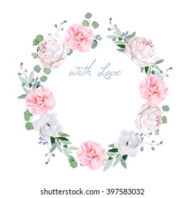 Spring fresh peony, anemone, camellia, brunia flowers and eucalyptus  leaves round vector frame. All elements are isolated and editable.
