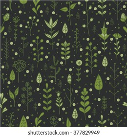 Spring, freshness. Seamless pattern with cute decorative flowers, leaves and herbs  painted by hand. All elements are  hidden under mask. Pattern are not cropped and can be edited.