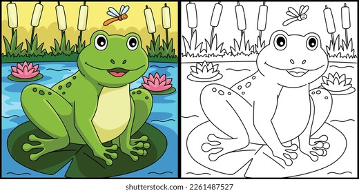 Spring Frog on a Water Lily Coloring Illustration