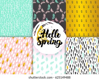 Spring Funky Seamless Patterns. Vector Illustration of Nature Plants Tile Background.