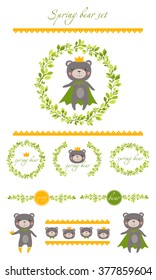 spring funny bear set with nature leaves ornaments