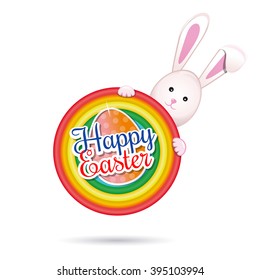 Spring Funny Bunny. Easter Bunny with Easter greetings isolated on white background. Round colorful Easter sticker. Vector illustration of Easter Egg, Easter Bunny, Easter greetings card
