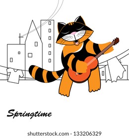 Spring, funny cat on the roof singing and playing guitar on a background of houses