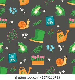 Spring gadening seamless pattern. Cartoon print with frog, snail, boots, watering can, seed pack, flowers and twigs. Vector designs set isolated on gray backround. Flat color seasonal illustration.