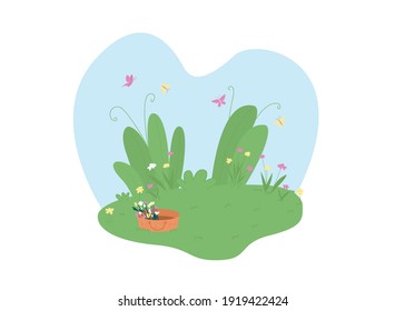 Spring garden 2D vector web banner, poster. Basket with flowers. Springtime flat scenery on cartoon background. Park with flowers and butterflies printable patch, colorful web element