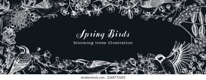 Spring garden background with birds, flowers, blooming tree branches on chalkboard. Hand drawn almond, willow, rowan, willow, cherry blossom design. Floral sketches frame