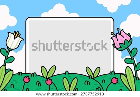 Spring garden background with colorful flowers, green grass and blue sky clouds. large blank frame in center for text, perfect for kids invitation, greeting card and seasonal poster design