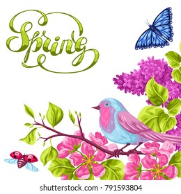 Spring garden background or greeting card. Natural illustration with blossom flower, robin birdie and butterfly.