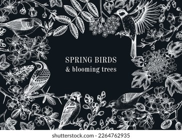 Spring garden background. Vintage frame designs with birds, flowers, leaves and blooming tree branches on chalkboard. Hand drawn almond, willow, rwillow, cherry blossom floral sketches for prints 