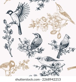 Spring garden background. Vintage seamless patter with birds, flowers, leaves and blooming tree branches. Hand drawn almond, willow, rowan, willow, cherry blossom floral sketches for prints or textile