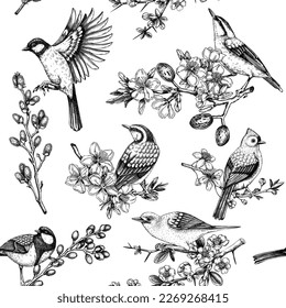 Spring garden background. Vintage seamless patter with birds, flowers, leaves and blooming tree branches. Hand drawn almond, willow, rowan, willow, cherry blossom floral sketches for prints or textile