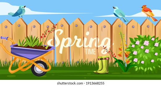 Spring garden backyard vector illustration with wooden fence, wheelbarrow, green blooming bush, flowers. Village rustic countryside background with picket wall, grass, birds,boots. Garden summer fence