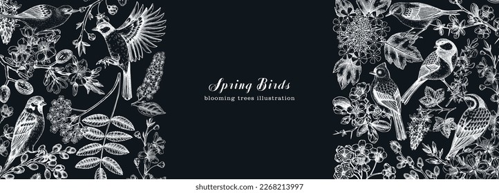 Spring garden banner designs. Vector background with birds, flowers, blooming tree branches in sketched style. Almond, willow, rowan, willow, cherry blossom. Hand drawn floral sketch on chalkboard