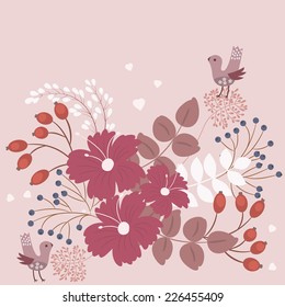 Spring garden - beautiful vector floral background with cute birds