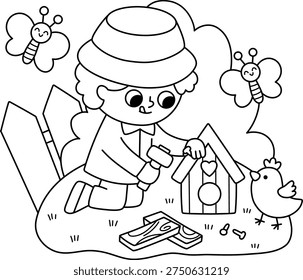 Spring garden black and white illustration with boy building wooden birdhouse with hammer. Vector country house, farm concept. Line kid doing gardening work icon. Child clipart, coloring page
