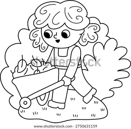 Spring garden black and white illustration with girl pushing wheelbarrow with leaves and foliage. Vector country house, farm concept. Line kid doing gardening work icon. Child clipart, coloring page
