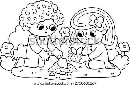 Spring garden black and white illustration with boy and girl planting seed. Vector country house, farm concept. Line kid doing gardening work icon. Child clipart, coloring page
