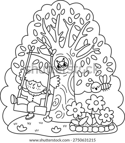Spring garden black and white illustration with girl swinging on tree with owl in hollow. Vector country house, farm concept. Cute line kid doing gardening holidays icon. Child clipart, coloring page
