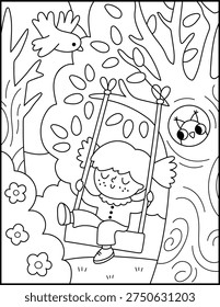 Spring garden black and white vertical landscape. Rural nature line scene with girl swinging on tree with owl in hollow. Vector country house, farm background, coloring page. Cute kid on holidays
