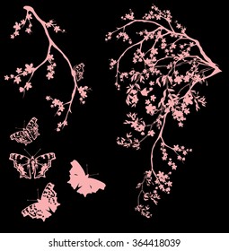 spring garden with butterflies - tree branches with flowers vector design set