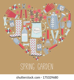 Spring Garden card design. Vector illustration with gardening related icons
