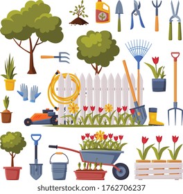 Spring Garden Collection, Agriculture Work Equipment, Farming Tools, Seedlings and Plants Flat Style Vector Illustration on White Background