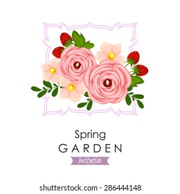 Spring garden collection. Vintage invitation card of beautiful flowers. Easy to edit. Perfect for invitations or announcements.