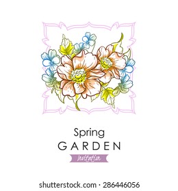 Spring garden collection. Vintage invitation card of beautiful flowers. Easy to edit. Perfect for invitations or announcements.