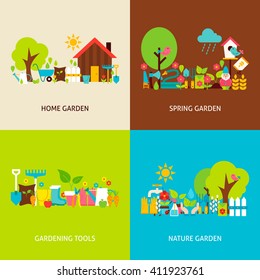 Spring Garden Concepts Set. Flat Design Vector Illustration. Collection of Nature Gardening Colorful Objects.
