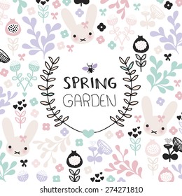 Spring garden cute flowers and bunny illustration postcard cover design template in vector